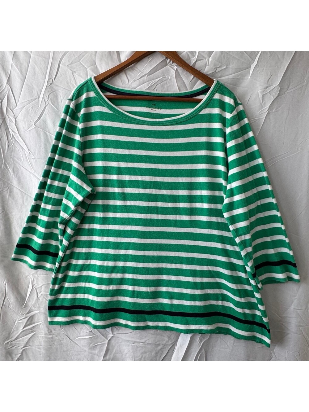 Talbots Woman Top L Green White Striped 3/4 Sleeve Boat Neck Cotton